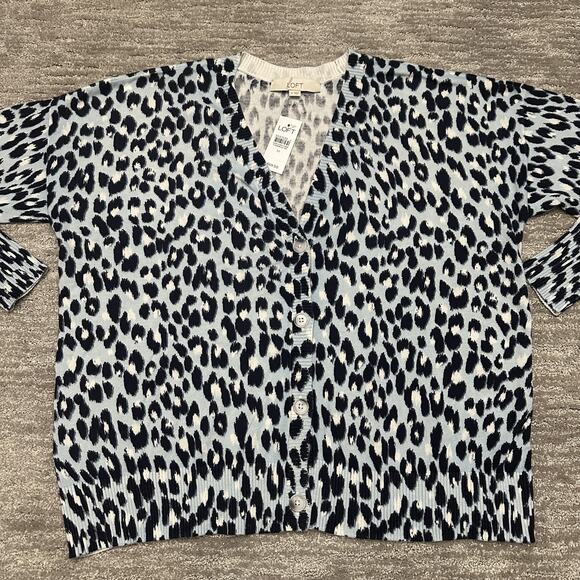 LOFT Cardigan Sweater Womens Medium Blue Leopard Print Button Front Knit - Picture 2 of 12
